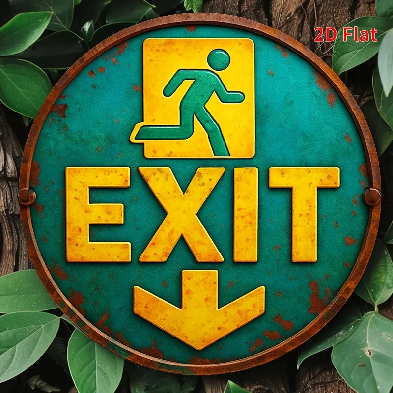 2D Metal Sign, Vintage Exit Sign with Running Figure Metal Wall Art, Rustic Outdoor Garden Patio Garage Bar Decor
