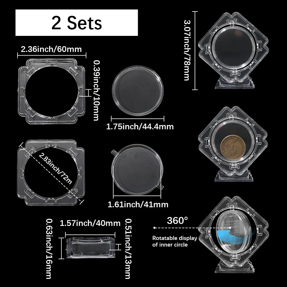 2Pcs 2.83x3.07in 3D Floating Display Case Bulk Challenge Holder Small Transparent Square Plastic Rotatable Protector Storage Box