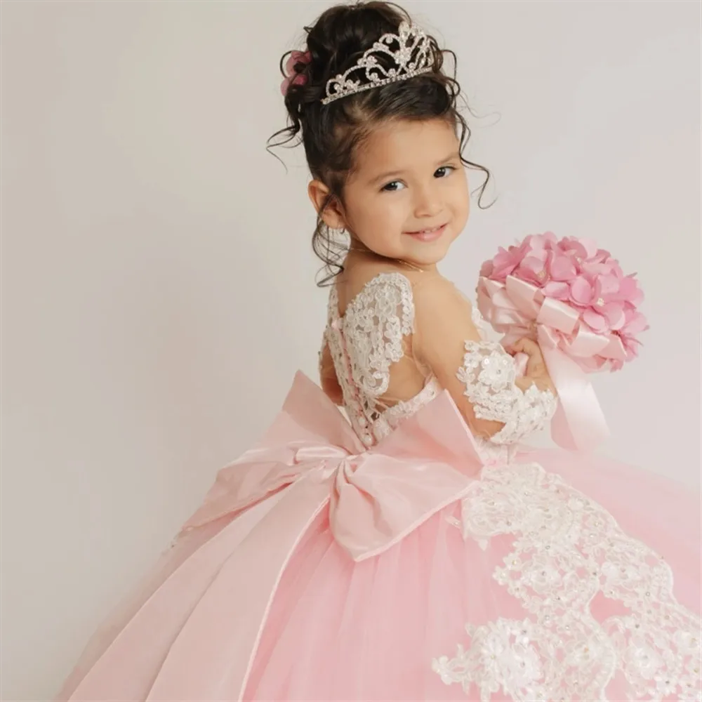 Robe de mariée à fleurs roses pour filles, manches longues, avec des Appliques en dentelle avec nœud, robe de fête d'anniversaire pour enfants, robe de bal, de Banquet, de Communion
