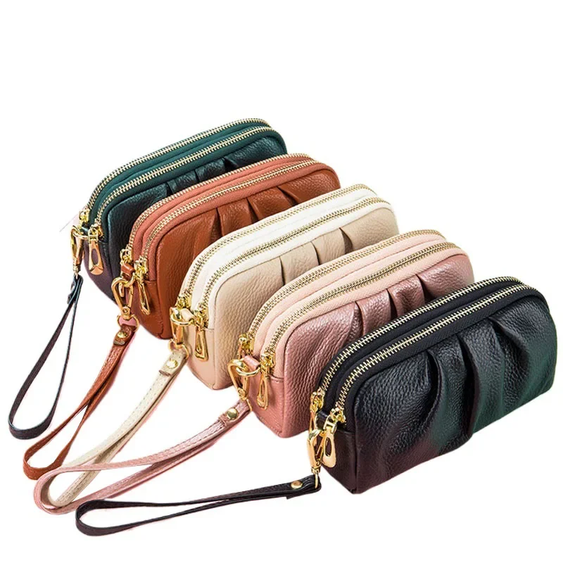 New 2024 Versatile Lady Wallet Contrast Color Key Ring Chain Style Real Top Layer Cow Leather Zipper Coins Pocket Purse Bags