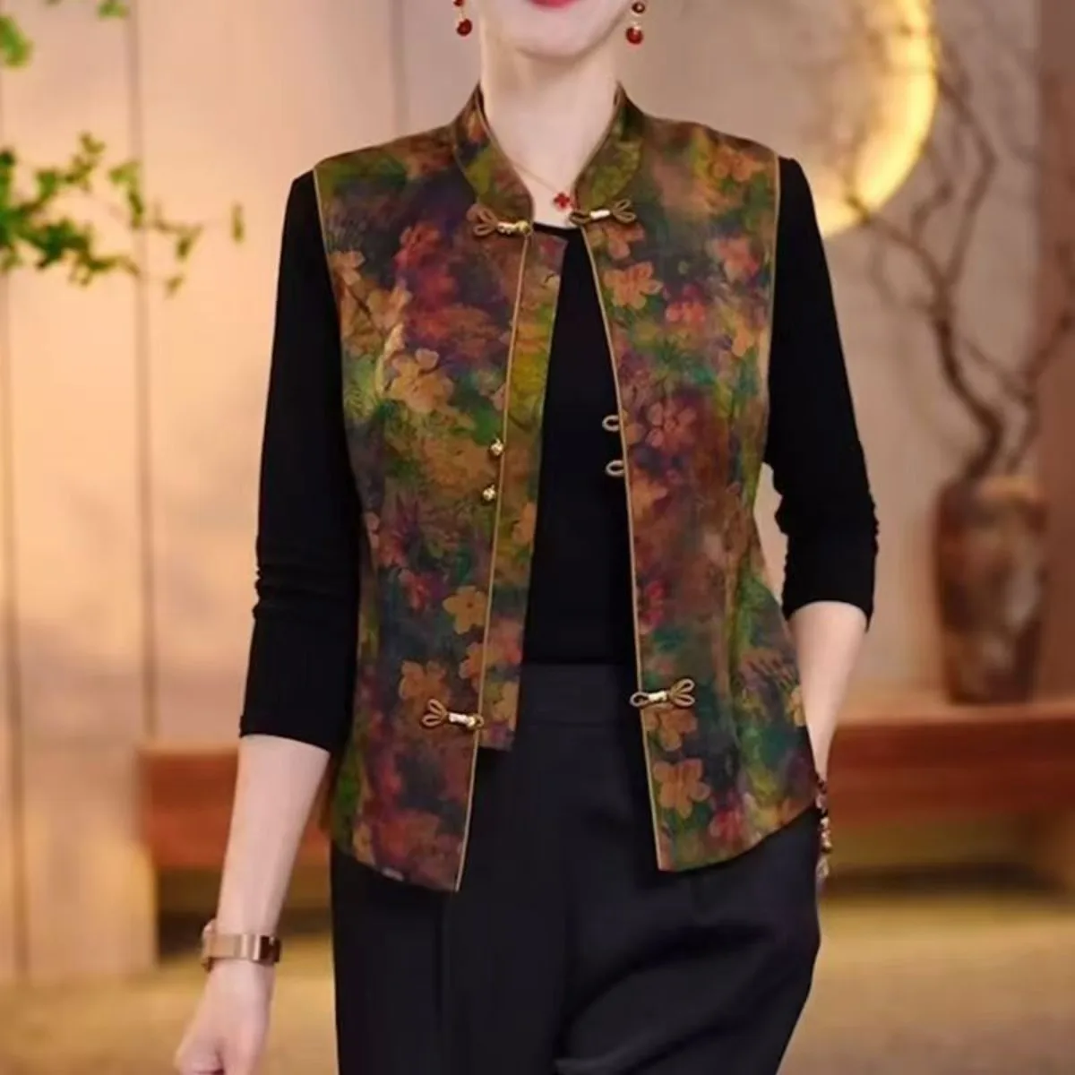 Women Chinese Style Vest Frog Button Bamboo Leaf Print Sleeveless Jacket New Chinese Style Retro Elegant Spring Summer Outerwear