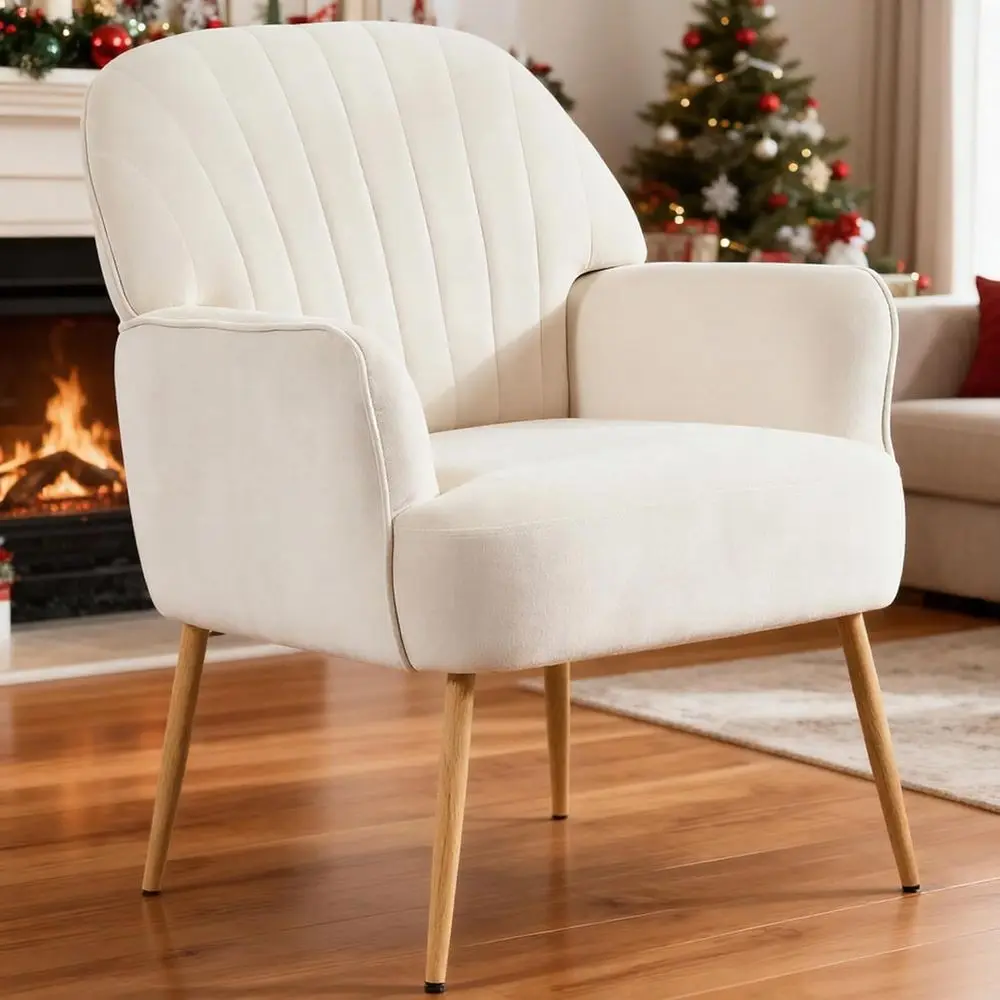 

Modern Luxury Beige Velvet Armchair Upholstered Sofa for Living Room Bedroom Office Cafe - Comfortable Elegant Home ，Customized