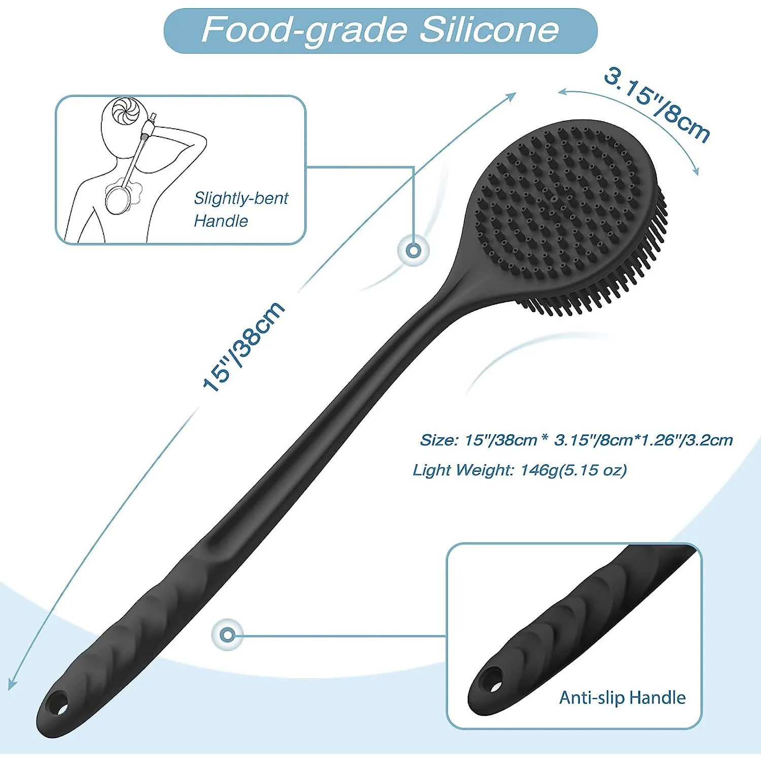 Silicone Back Scrubber,Long Handle Body Scrubber,Light&Easy-to-Hold Shower Brush for Skin Cleaning&Exfoliating with a Free Hook