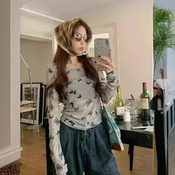 Summer New Retro Butterfly Print U-Neck T-shirt For Women's Wear Versatile Fashion Slim Fit Sun Protection Bottom Top 2024