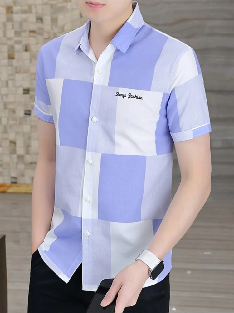 Summer New Fashion Short Sleeve Shirt Men Trend Breathable Soft Cool Cotton Slim Plus Size Brand Youth Plaid Shirt