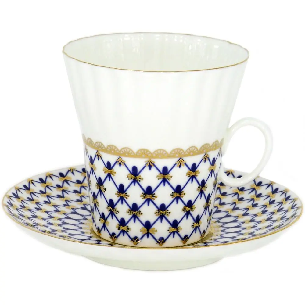 

Фарфоровый набор из костяного фарфора, кофейная чашка и блюдце, кобальтовая сетка, лев