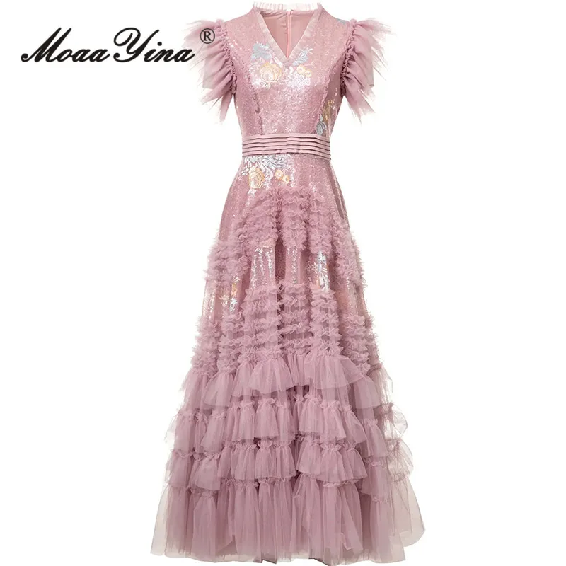 MoaaYina 2025 Spring/Summer Embroidery+Glitter Lotus Leaf Sleeves Ruffle Waist Ball Party S-4XL Dress
