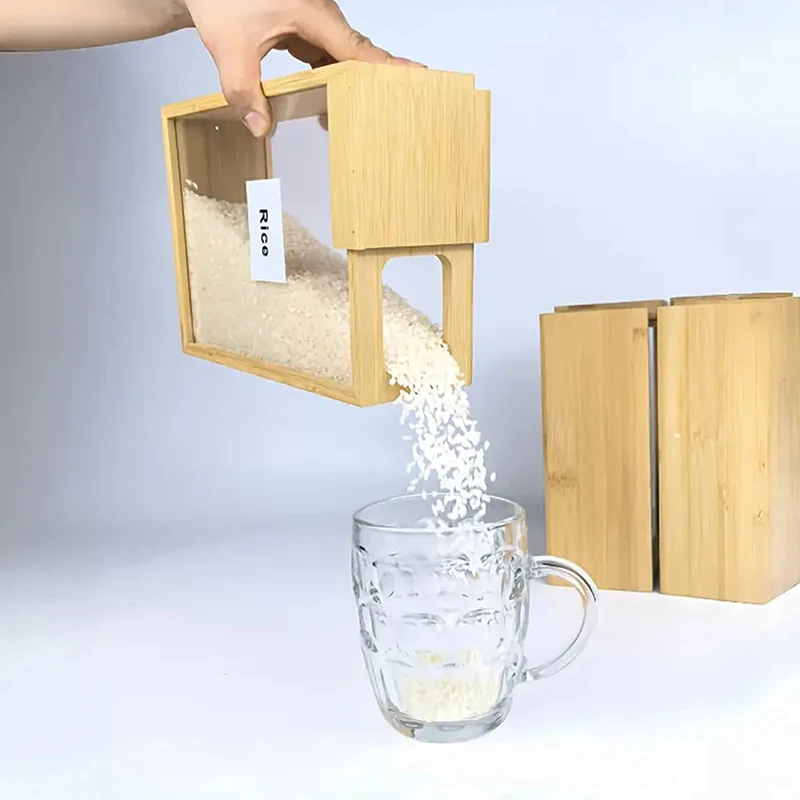 Food Condiment Dispenser Transparent Sliding Lid Kitchen Storage Tank For Cereal, Rice, Flour Bamboo Grain Storage Container