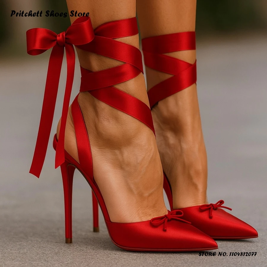 

Women's Bowknot Satin Stilettos Spring Summer Cross-tied Party Dress Slingback Pumps Pointed Toe Thin Heels Trending Shoes