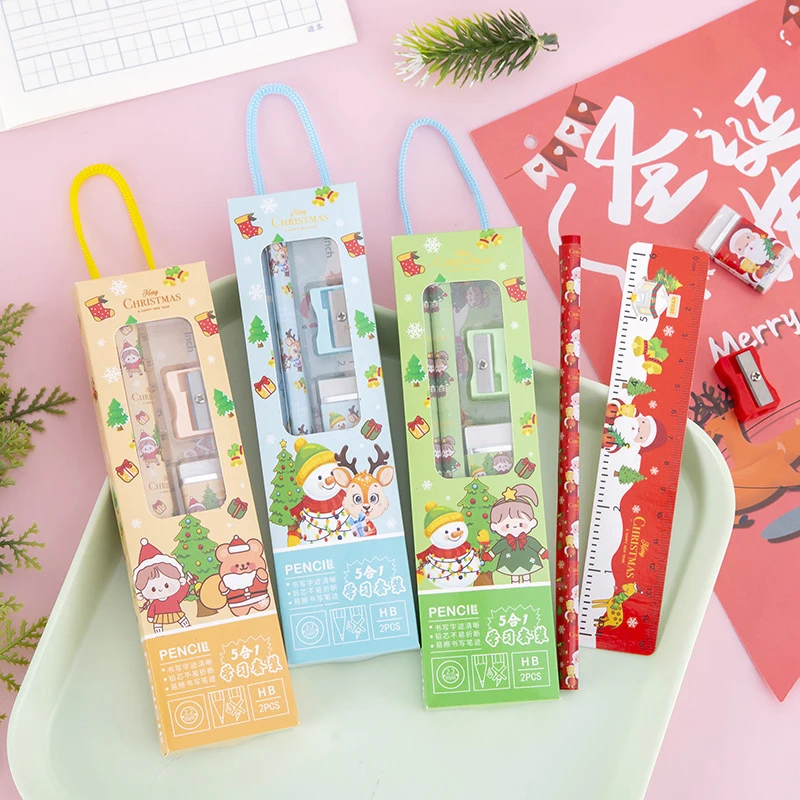 5Pcs Kawaii Children Stationery Set Gift Box Kindergarten Prize Gift Christmas Gift Pencil Ruler Eraser Sharpener Stationery Set