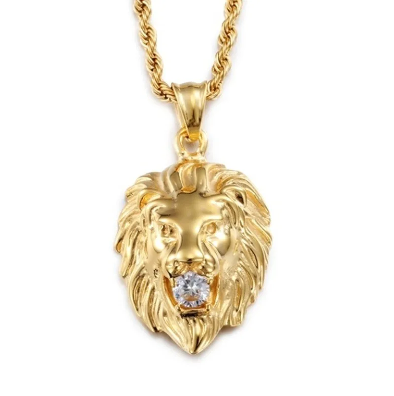 Domineering Lion Animal Zircon Crystal Pendant Necklace Men's Fashion Punk Trend Hip Hop Cool Jewelry Gift