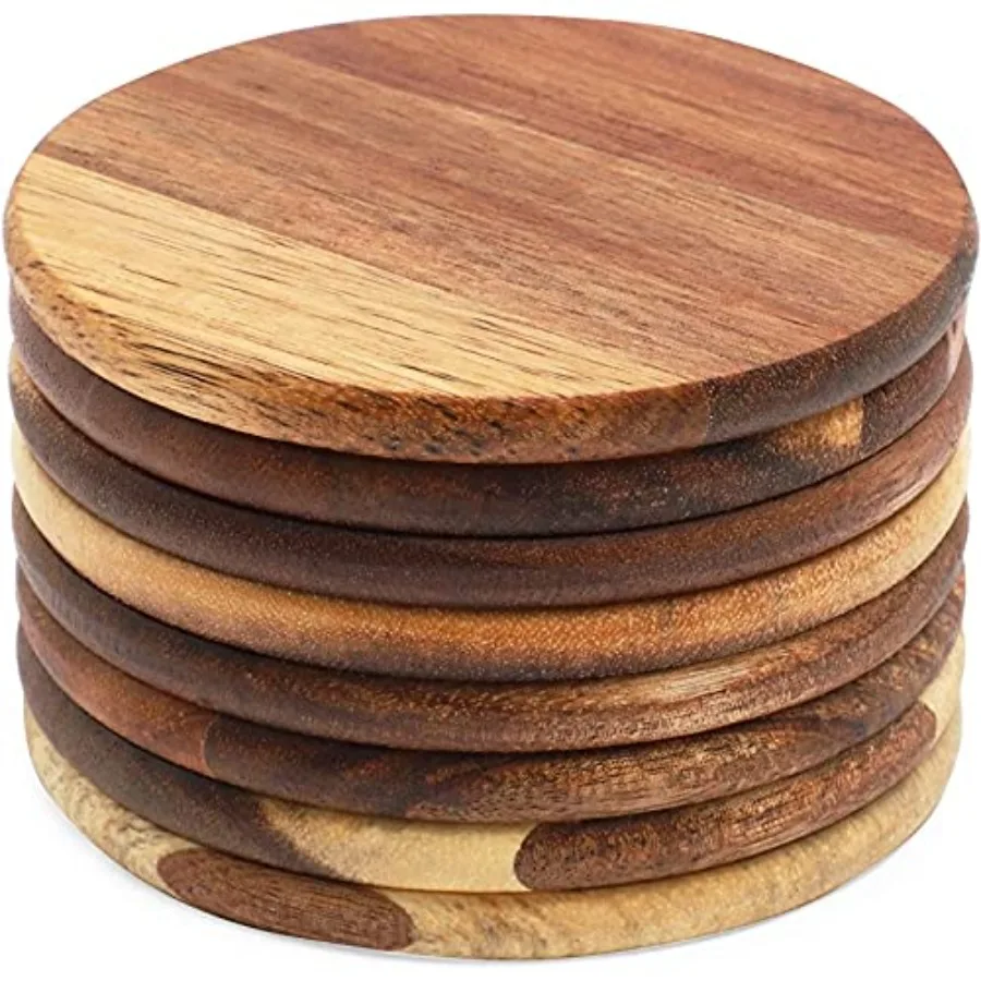 

Round Acacia Wood Coasters - 8 Pack 4 in Brown - Drink Coasters for Coffee and Dining Table Decor - Bar and Home Bar Accessorie