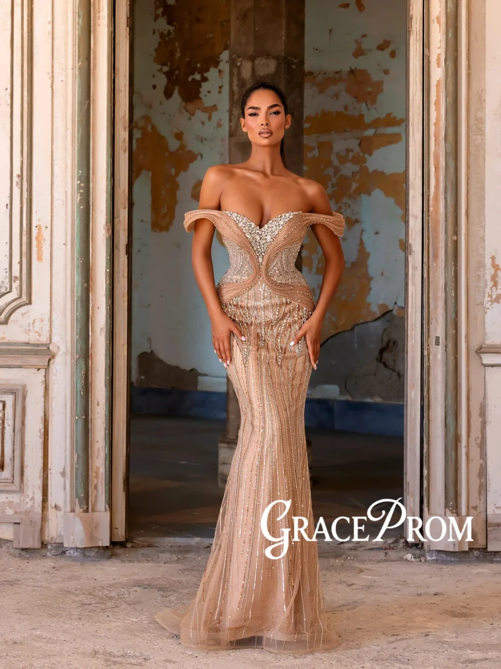 

Heavy Beaded Off Shoulder Evening Dress Exquisite Mermaid Long Wedding Party Gowns Customized Chic Glamorous Banquet Gowns