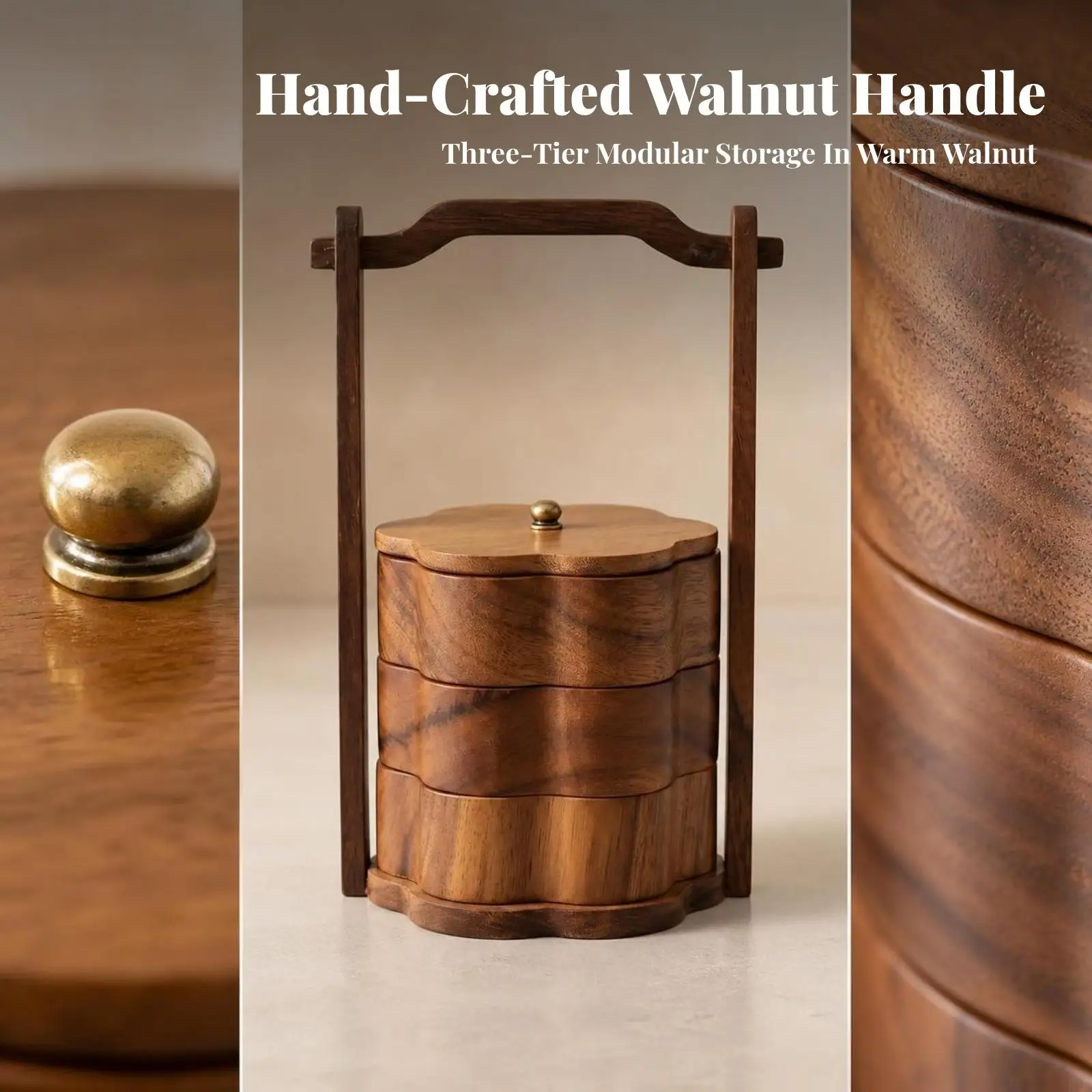 Sturdy Walnut Snack Storage Container with Knob Lid Stacked Compartments for Pastry and Nut Serving
