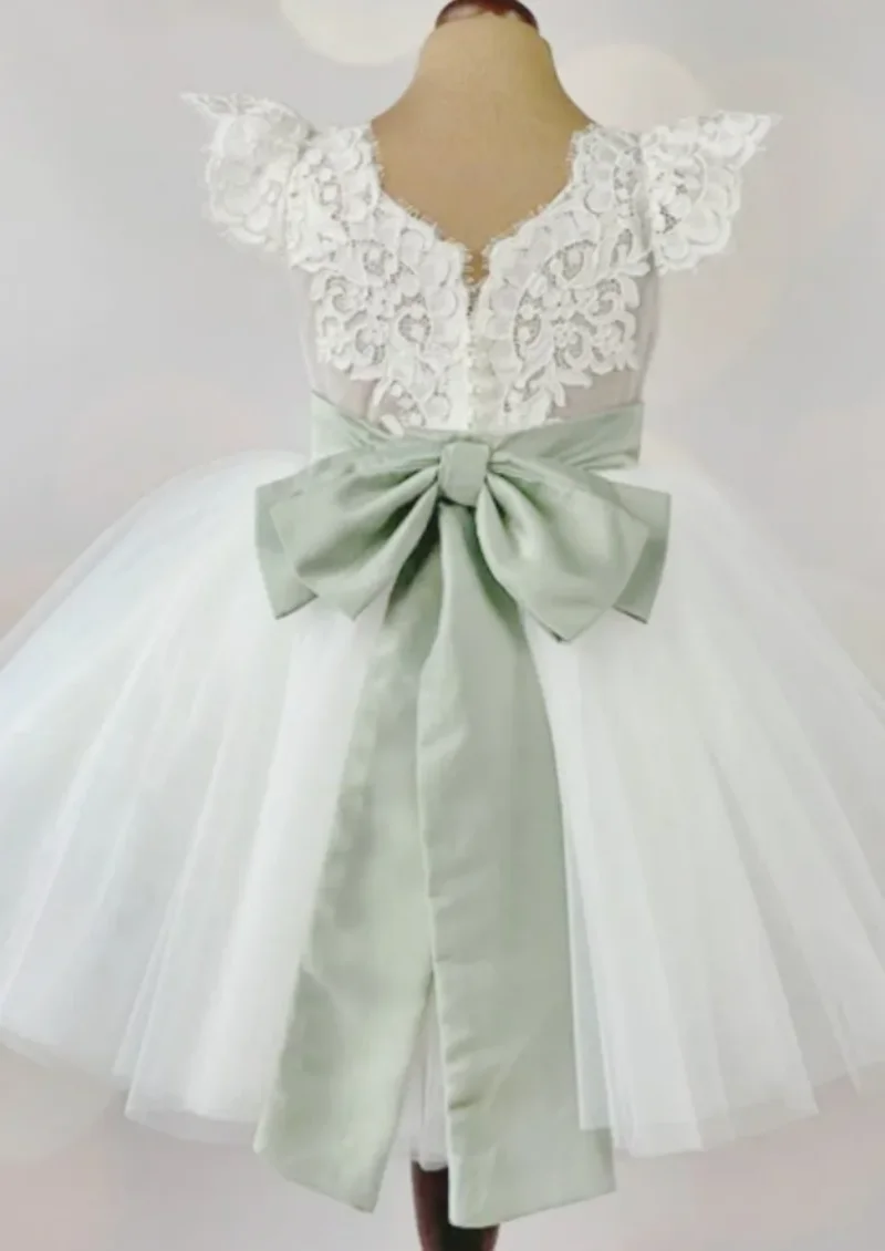 

New Custom Flower Girl Dress Lace Top With Green Ribbon Tutu Knee Length Fit Wedding Party Birthday First Communion Gowns