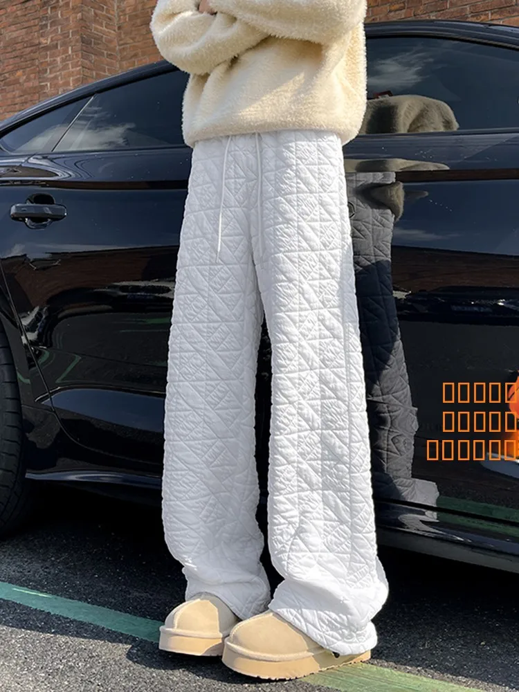White Quilted Cotton Pants Men's Winter Outerwear Thickened Loose Straight Leg Wide Leg Pants Lazy Style Casual Straight Pants view 2