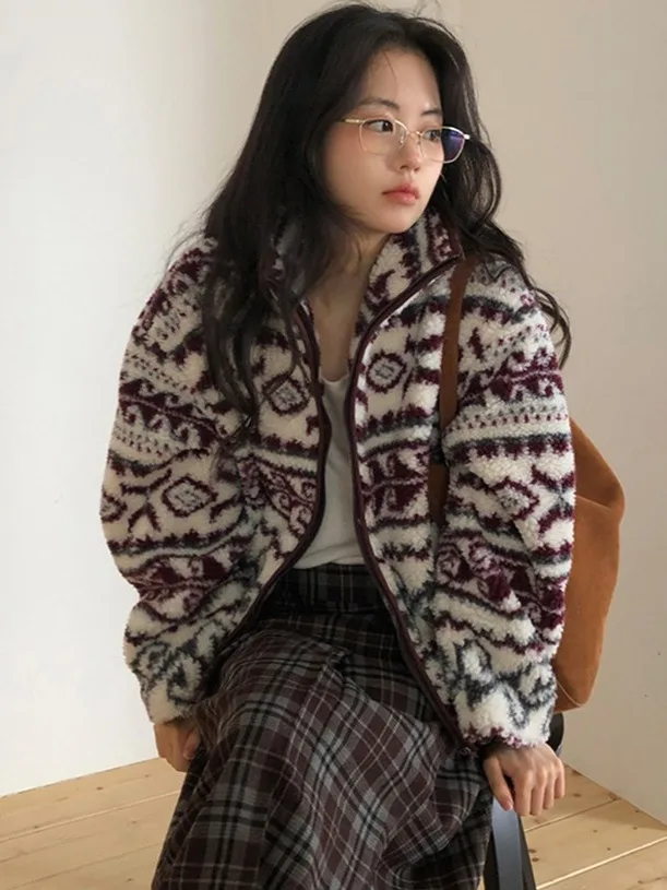 

Korean Sle Lazy Retro Ethnic Pattern Plu Jaet Women's Winter New Zipper Design Faionable Warm Cotton Coat