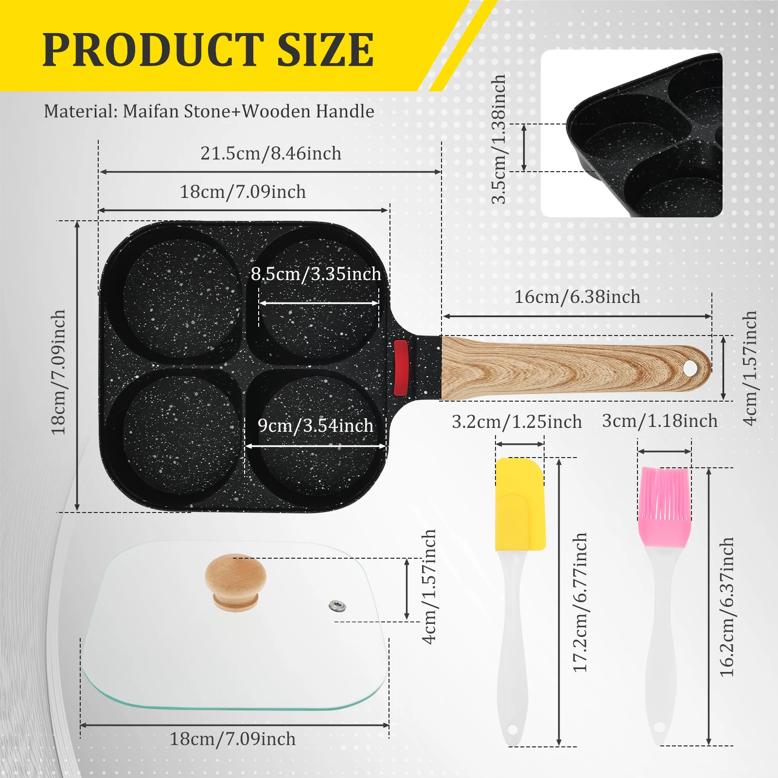4 Hole Frying Pan Nonstick Egg Frying Pans Rapid and Even Heat Conduction Egg Skillet with Oil Brush and Spatula for Breakfast