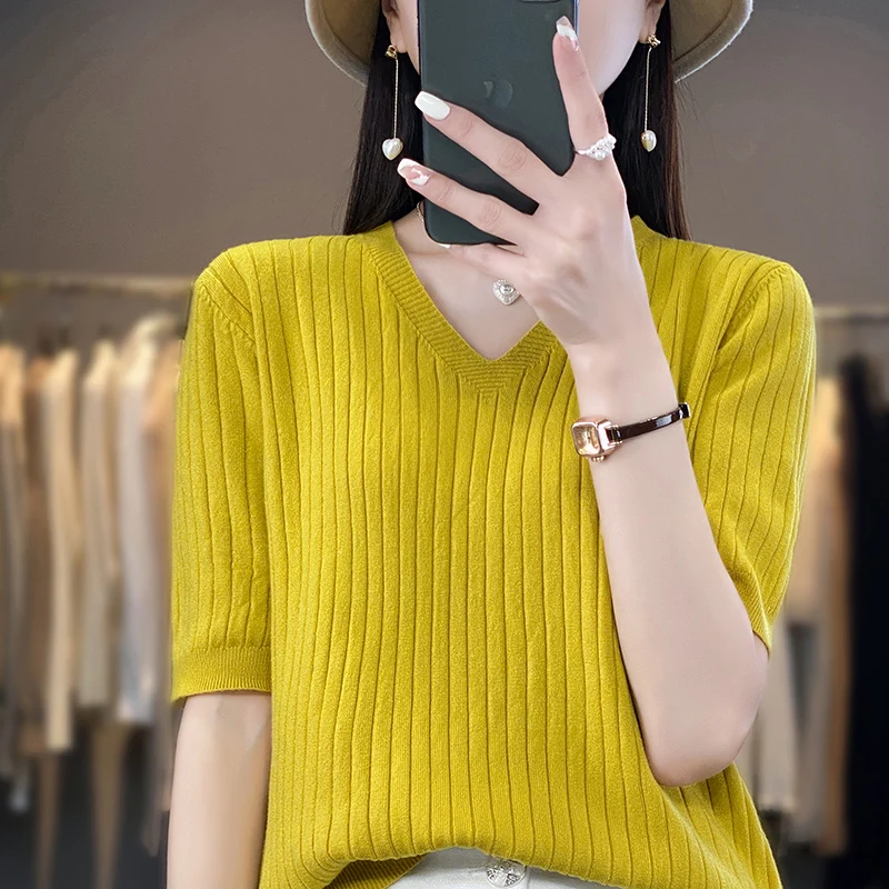 Spring And Summer New V-neck Short-Sleeved Women's Pullover Knitted Bottoming Shirt Half Sleeve Thin Solid Color Sweater