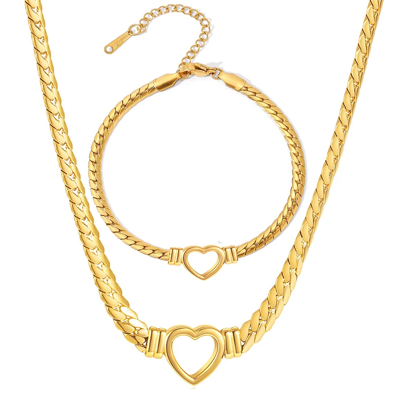 

Fashion Gold-Plated Waterproof Stainless Steel Jewelry Set Luxury Love Heart Shape Chain Necklace Nail Bracelet Set for Women