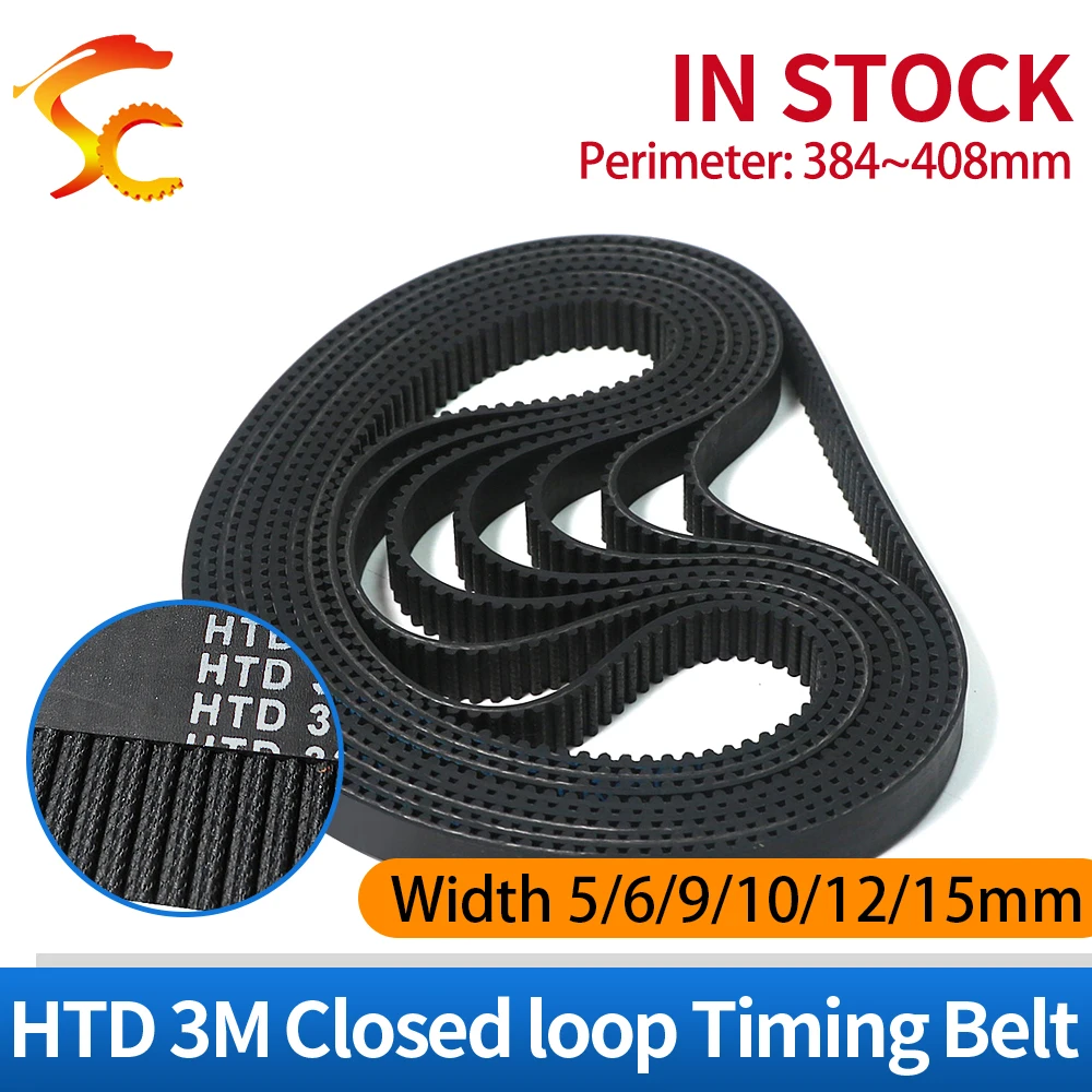 HTD 3M Timing Belt 3M 384/387/390/393/396/399/402/405/408mm Width 5/6/9/10/12/15mm 3M Rubber Mechanical Drive Belt