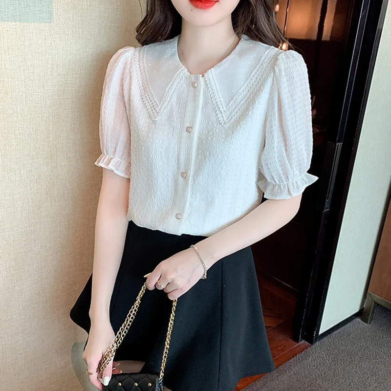 Lace Patchwork Chiffon Shirts Womens 2024 Summer Korean Fashion Clothes Casual Blouses Vintage Puff Sleeve Tops Blusas Mujer