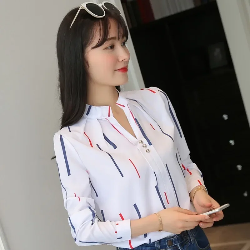 2024 Spring and Autumn New Casual Striped Long Sleeve Shirt Loose White Stand Collar Top Women Shirt Blouse