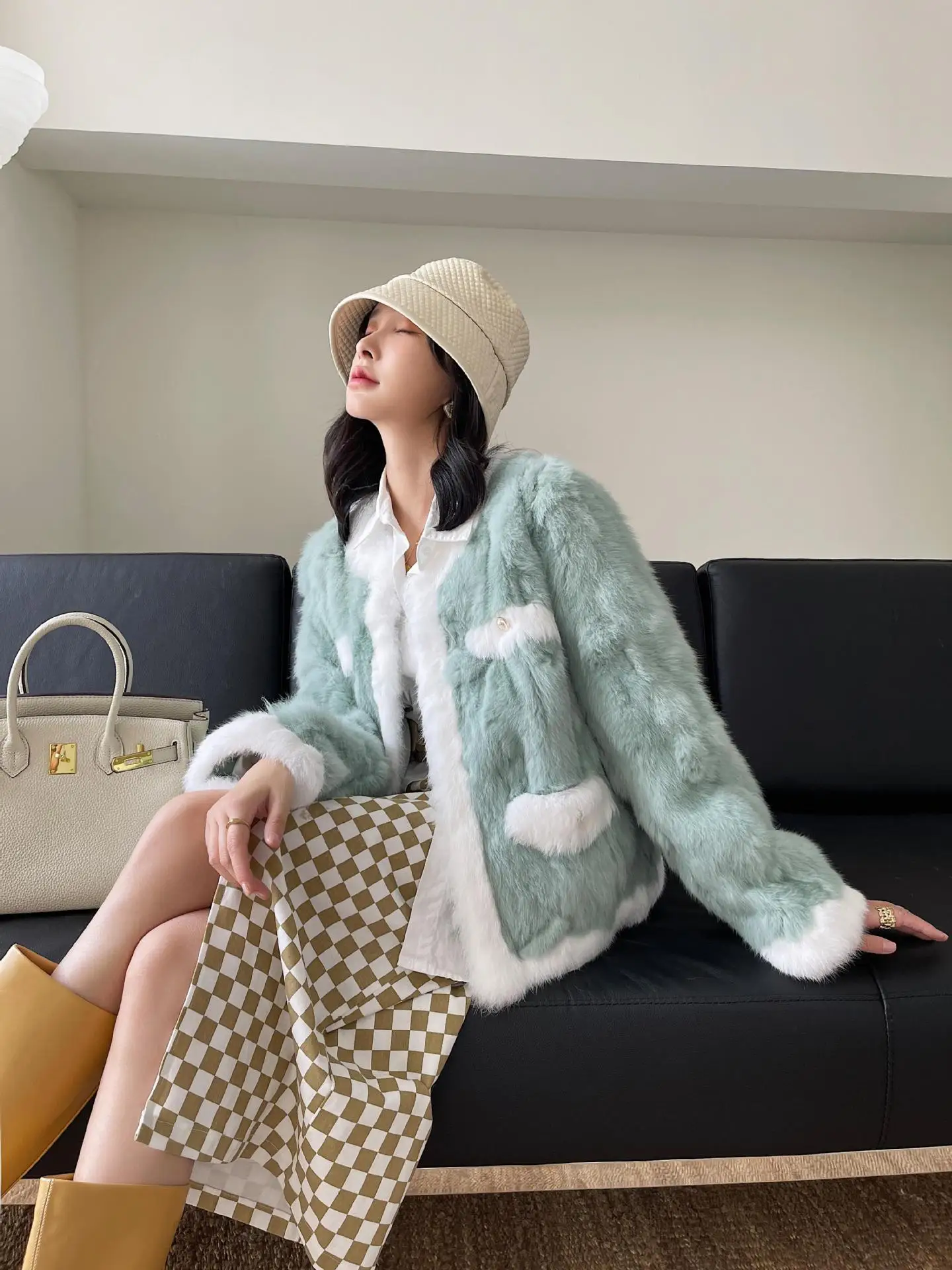 Luxury choice for winter, soft rabbit fur coat, Double-faced