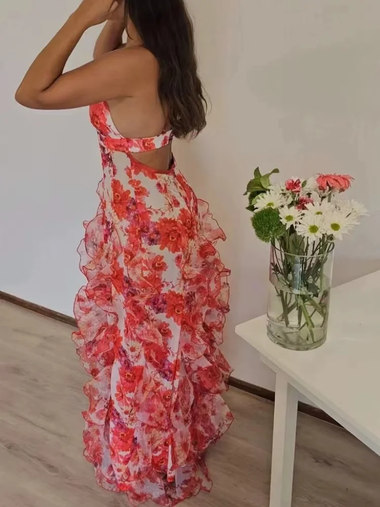 Summer New 2024 Women Sexy scollo a V Backless Flower Chiffon Maxi abiti Dress Split Celebrity Cut Out Beach Maxi Dress