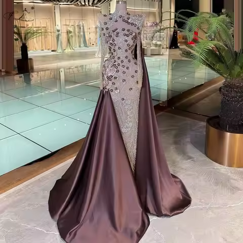 Gorgeous Party Dress Crystal Appliqu&eacute; Sheer Mermaid Dress with Cape and Train Open Neckline Evening Dress Ball Gown