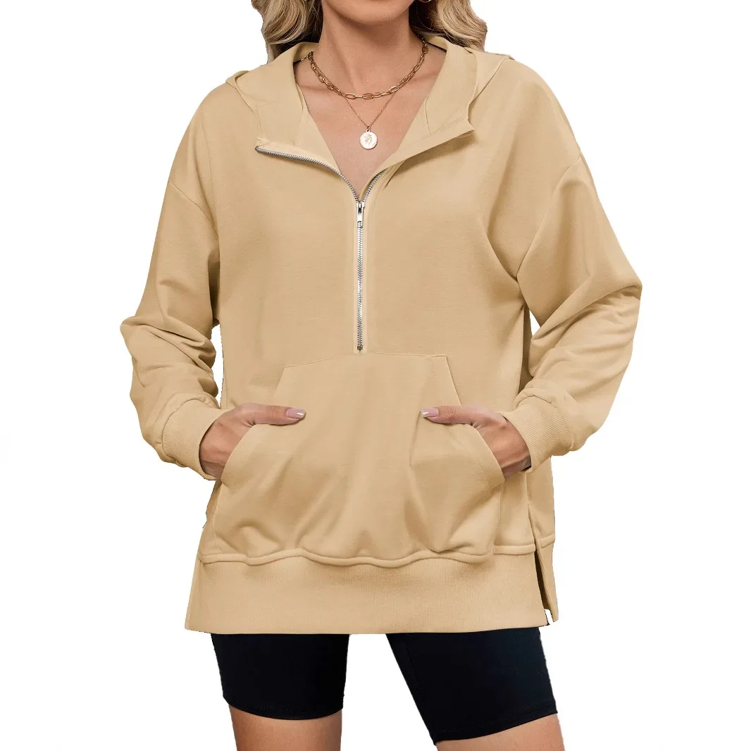 Chaqueta cómoda de fibra de poliéster para mujer, Top holgado de manga larga con capucha, sudadera con bolsillo y cremallera para primavera, verano y otoño