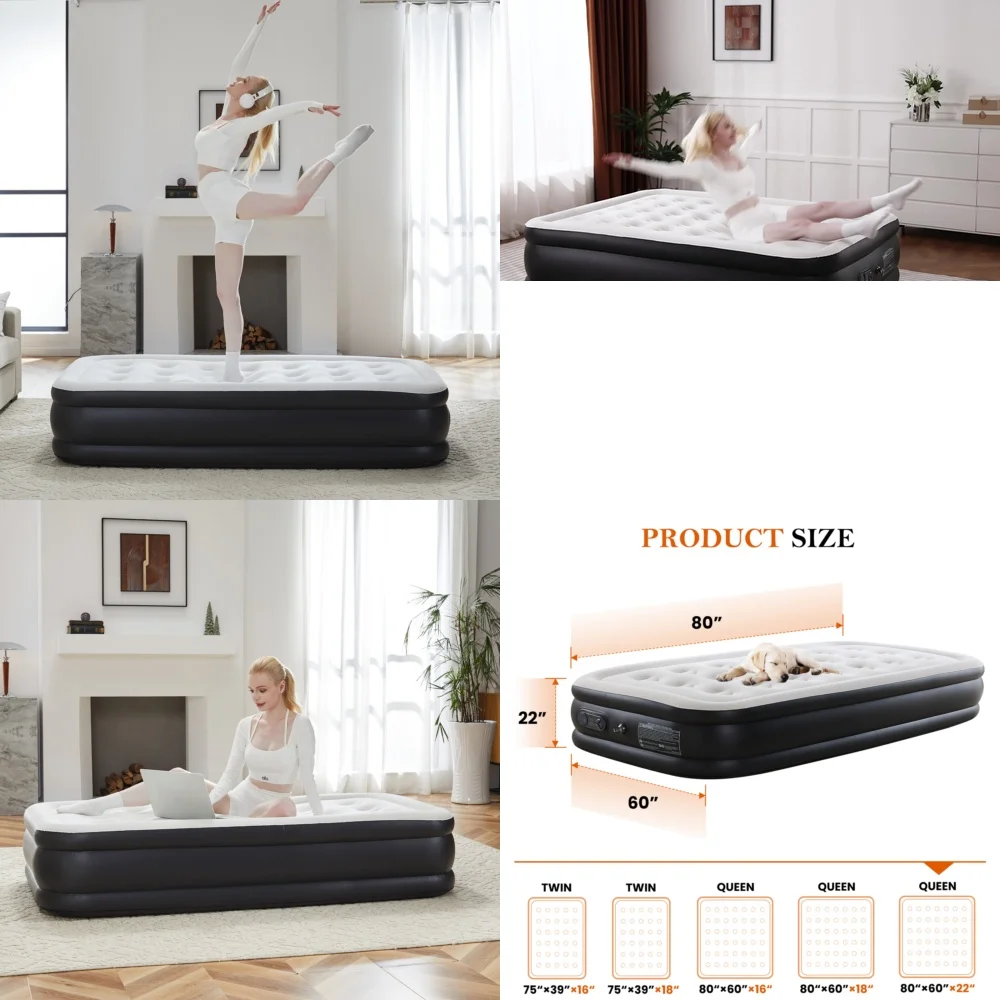 

Mattresses22 Inch Queen Air Mattress with Built in Pump for Camping Guests and Home Use Inflatable Bed Comfortable Sleep