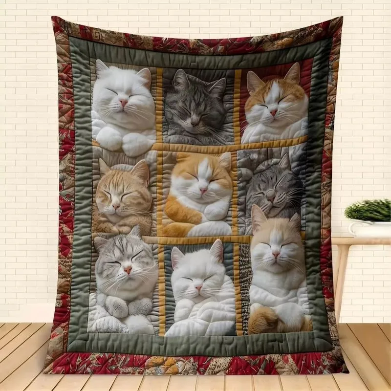 VIKAMA Cat Patchwork Flannel Blanket for Bedroom Dormitory Nap Blanket Sofa Throw Blanket Air Conditioner Blanket Home Decor