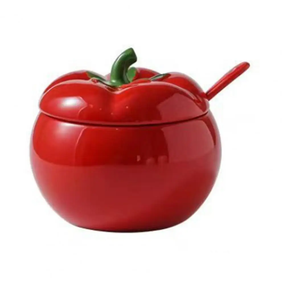 Tomato Ceramic Spice Jar with Lid Spoon 420ml Salt Sugar Pepper Storage Pot Chili Oil Container Kitchen Seasoning Organizer