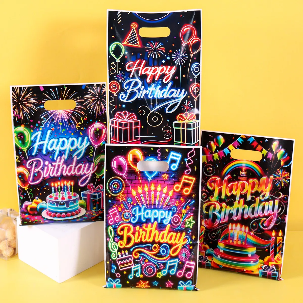10/20/50 Stück Neon-Leuchtende Happy Birthday Geschenktüten Partytüten mit Ballon-Kuchen-Design für 1. Geburtstagsfeier-Dekorationen