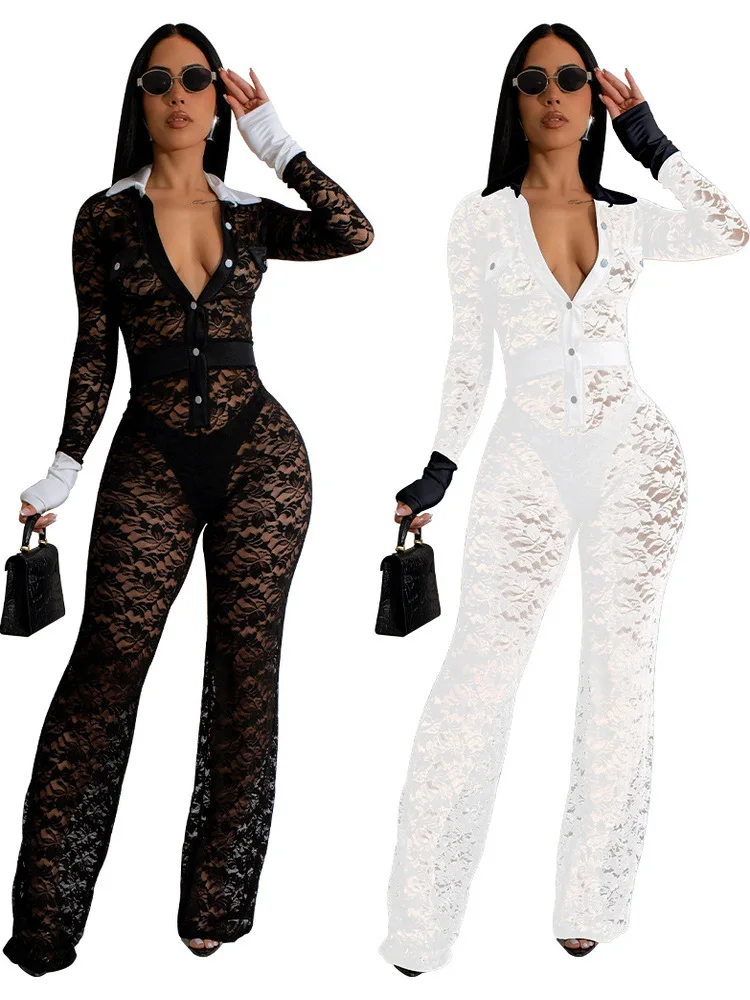 

Lace Contrasting Jumpsuit Women's Color Collar Hollow out Lace Color Blo High Waist Long Pants Street Sle Thin Model
