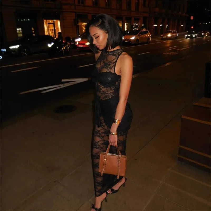 2025 Vrouwen See Through Sexy Jurk Mode Sheer Lace Tank Mouwloze Jurk Voor Party Bloem Voorste Knoop Lange Jurken Clubwear