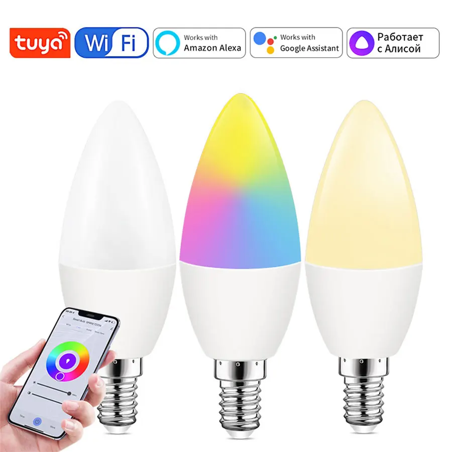 Tuya Smart WiFi LED Bulb E14 Candel Lamp 5W 7W 9W 220V Dimmable Voice Control Support Alice Alexa Google Assistant Home