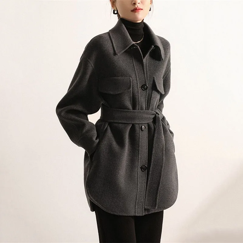 Fashion Dark Gray Woolen Coat Women Spring Autumn Winter Jacket Korean Woolen Single Breasted Buckle Shirt Outerwear Female Tops