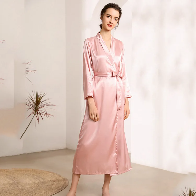 Imitation silk sleepwear women's lapel long nightgown women's sexy sleepwear bathrobe home wear