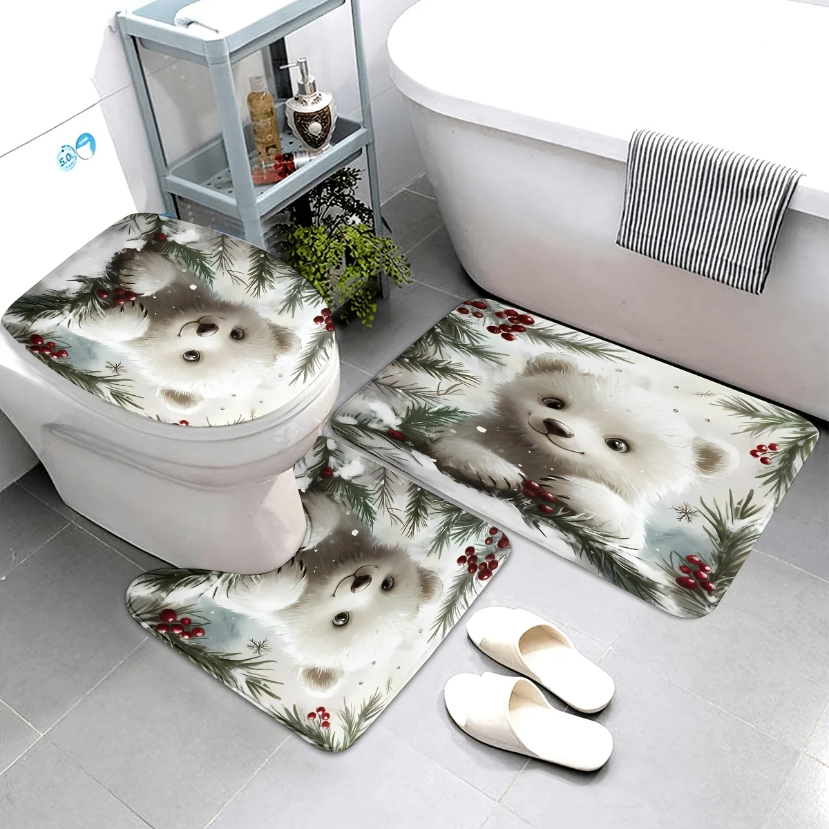 

Набор для ванной комнаты с милым щенком из 3 предметов — включает коврик для ванны, U-образный коврик для унитаза и нескользящий коврик, полиэстер, можно стирать в машине.
