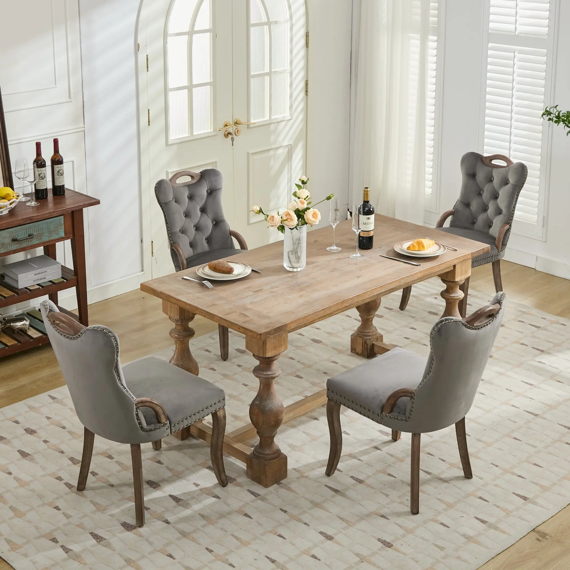 Set of 2 Gray Velvet Dining Chairs with Armrests, Hand-Tufted Side Chairs with Top & Side Wood Handles, Vintage Copper Nailhead Accent Chair for Kitchen & Dining Room