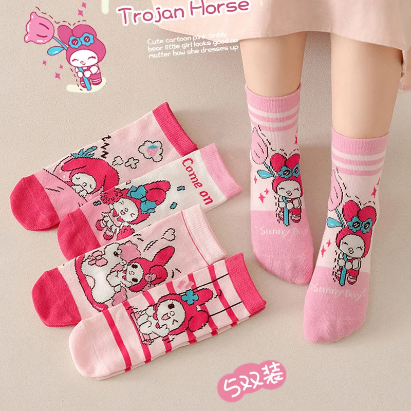 

5 Pairs Sanrio Children's Socks Cartoon Melody Kawaii Student Summer Mesh Breathable Short Cotton Socks Thin Kid Socks