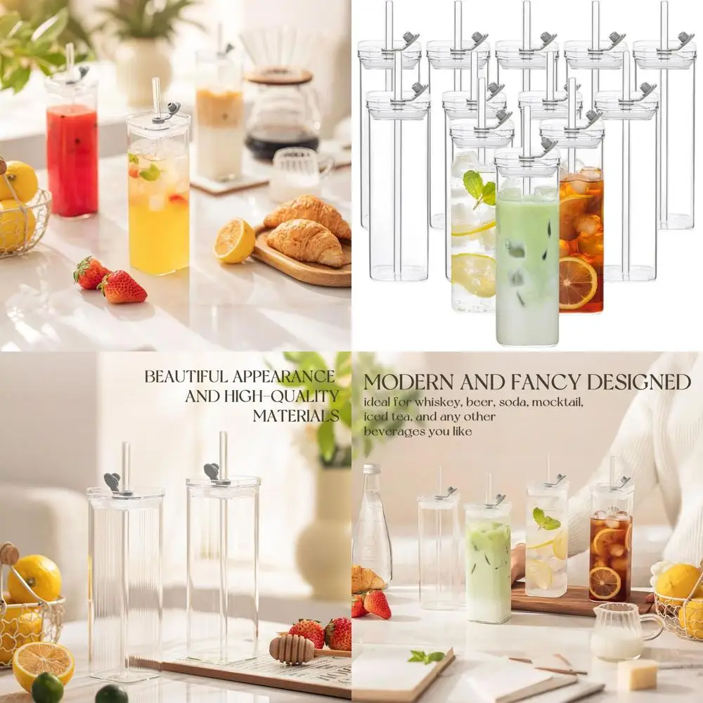 

Набор из 12 прозрачных очков Highball на 17 унций с крышками и соломинкой — идеально подходит для коктейлей, кофе со льдом, сока и пива — современный D