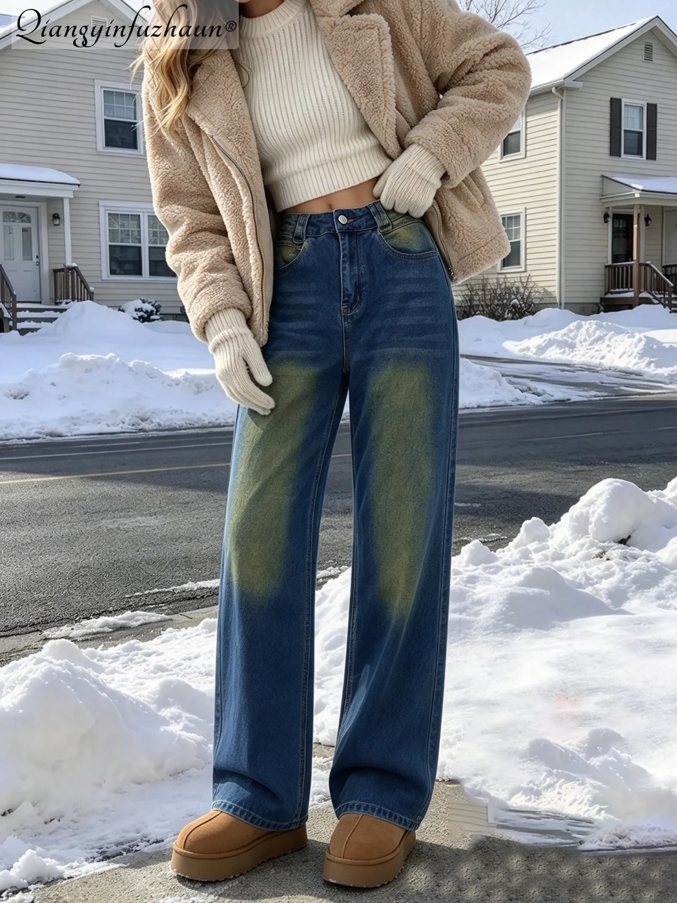High Waist Women Straight Leg Denim Jeans, Classic Washed Finish with Wide Belt Loops Design