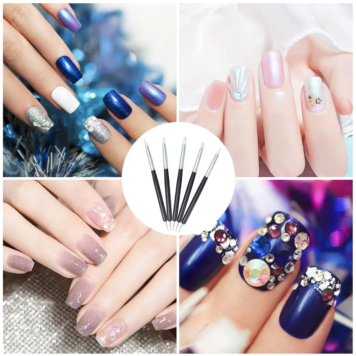 5-delige duurzame siliconen nail art penborstelset Lichtgewicht professionele nagelvoeringborstels Dubbele kop manicureset voor detaillering