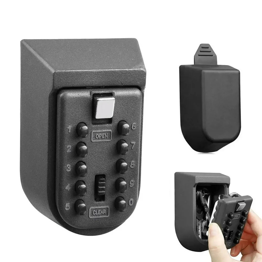 Key Lock Box Wall Mounted Push Button Combination Key Safe Storage Security Lock Box with Black Rubber Cover Wall Bolt Fixings