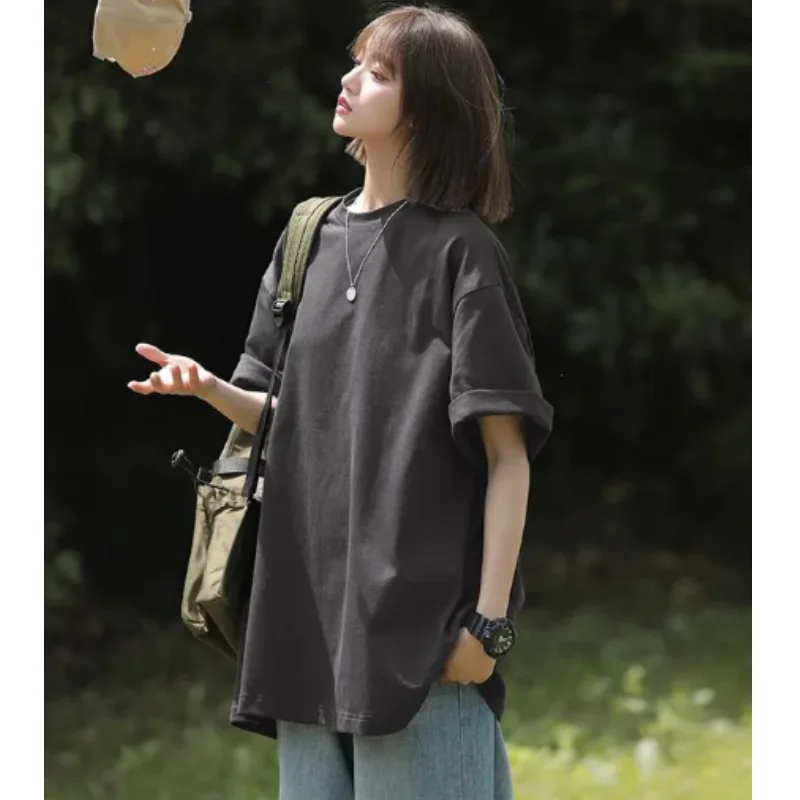 

Women & Men's T-shirt Japanese Retro Heavyweight Fabric Short Sleeve Top Couple Solid Oversized Loose T-shirt D0101