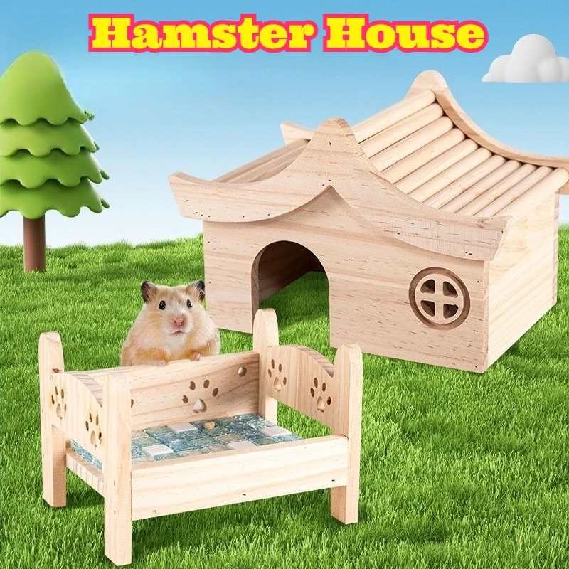 

Wooden Hamster Hideout Set Cooling Ice Bed Climbing Ladder Golden Bear Cage Nest Habitat Landscape Rest Activity Small Pet Decor