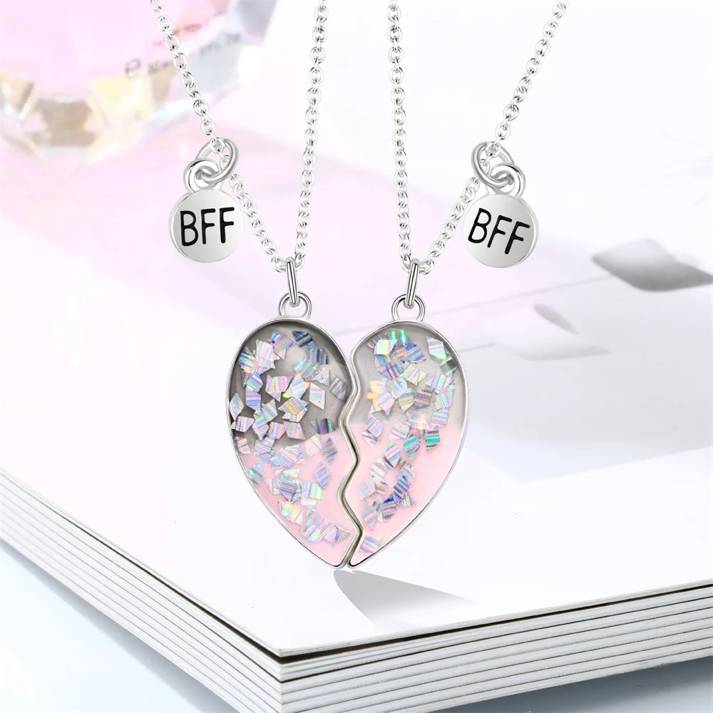 2pcs Sequin Magnet Heart BFF Necklace for Women Romantic Cartoon DIY Broken Heart Adjustable Necklace Jewelry Accessories Gift